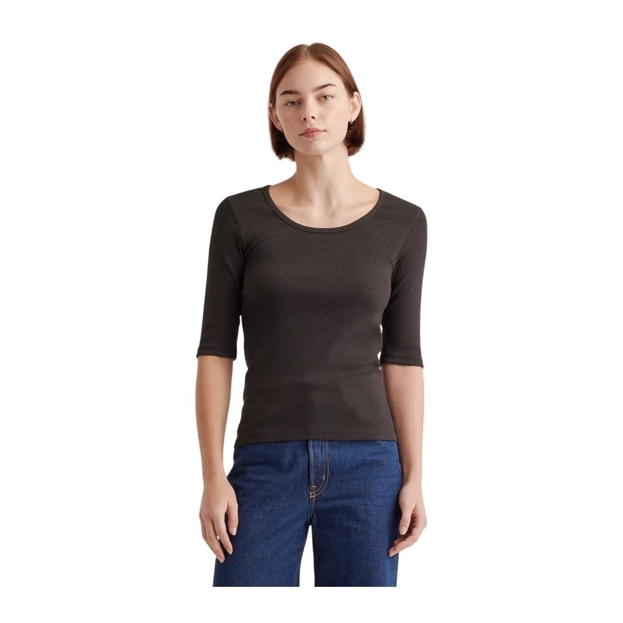 Quince Organic Cotton Smooth Knit Elbow Sleeve Tee Black S